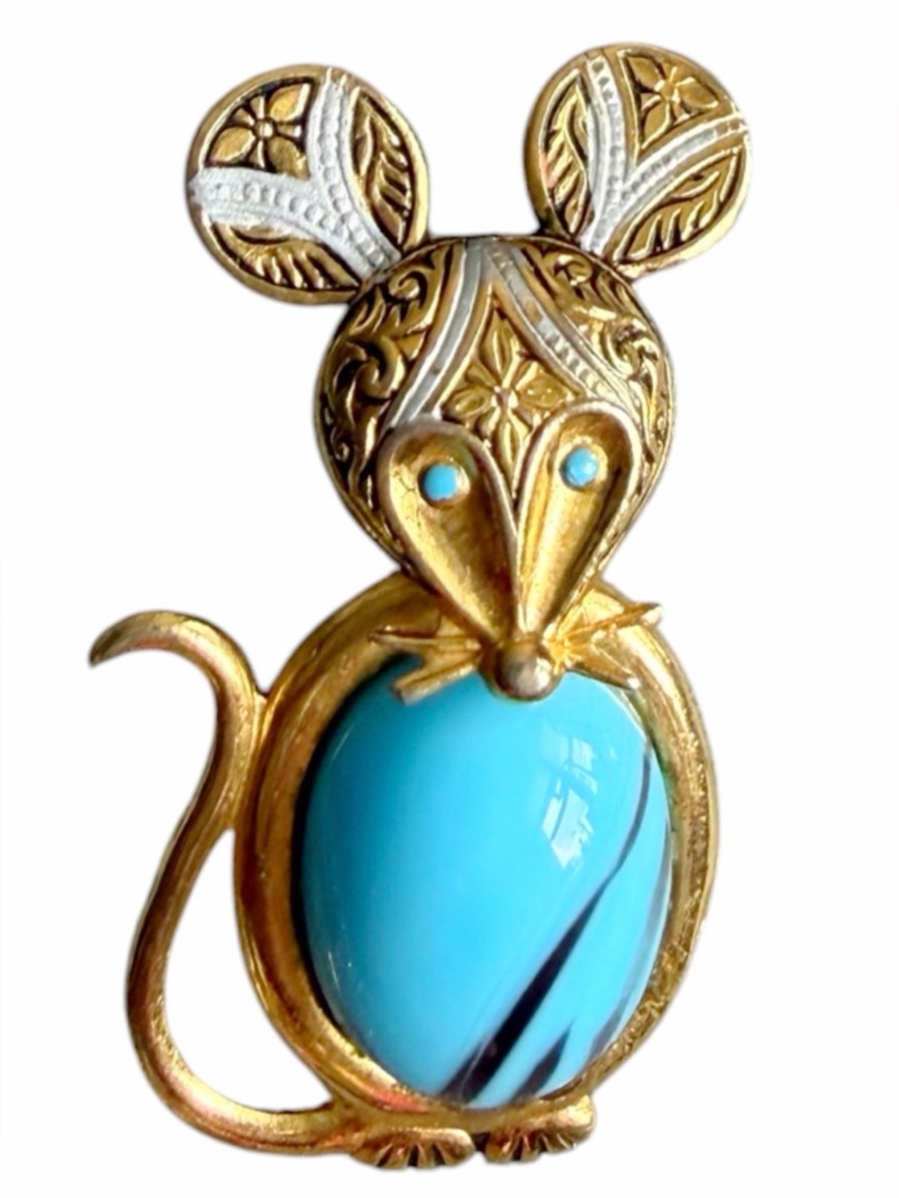 RARE Gold-tone Turquoise mouse Brooch -